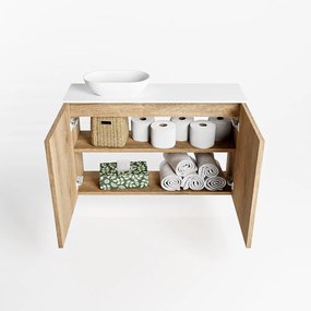 Mondiaz Fowy toiletmeubel 80cm washed oak met witte waskom links en kraangat