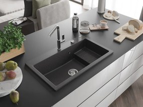 Mexen Omar granieten gootsteen, 1-komors, 800 x 480 mm, zwart gespikkeld, sifon chroom - 6520801005-76