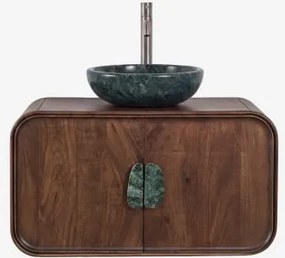 Hangend Badkamermeubelset 95x45 Cm Van Mangohout En Natuurlijke Kivalina-steen Spiegelloze & Geborsteld Grijs ↑30 Cm Met Aftapkraan Zonder Overloop Or