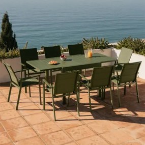 Uitbreidbare Tuintafelset 90-180x90 Cm In Aluminium Starmi En 8 Stapelbare Tuinstoelen In Aluminium Karena Groen – Intens Olijf - Sklum