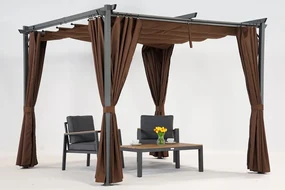 Bruine La Palma terraspergola 3x3m met Garden Point gordijnen