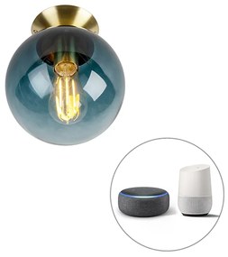 Smart plafondlamp met dimmer messing met oceaanblauw glas incl. Wifi ST64 - Pallon Art Deco E27 bol / globe / rond Binnenverlichting Lamp