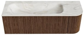 Mondiaz Kurve-dlux 135cm badmeubel ronding rechts walnut met 1 lade en deur en wastafel big medium links zonder kraangat ostra