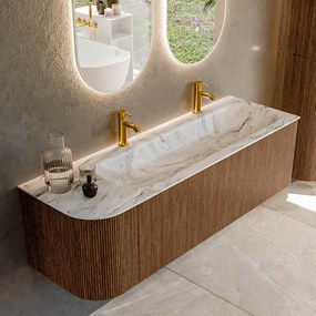 Mondiaz Kurve-dlux 145cm badmeubel ronding links walnut met 1 lade en deur en wastafel big large rechts 2 kraangaten glace