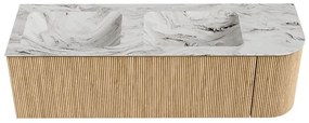 Mondiaz Kurve-dlux 145cm badmeubel ronding rechts oak met 1 lade en deur en wastafel leaf dubbel/links zonder kraangat glace