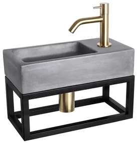 Differnz Ravo fonteinset - 38.5x18.5x25cm - Rechthoek - 1 kraangat - Gebogen matte goude kraan - met zwart frame - beton donkergrijs 38.402.14