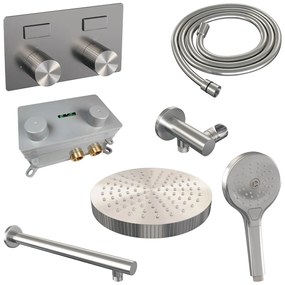 Brauer Stripe inbouw regendouche met 25cm hoofddouche, rechte muurarm en 3 standen handdouche set 28 RVS geborsteld PVD