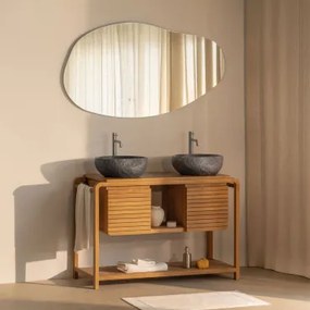 Bradley Teakhouten Badkamermeubelset 2 X Onregelmatige In Zwart Cement ↔︎40 Cm Fedro & Oval Led And Antifog 140x75 Cm - Sklum
