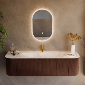 Mondiaz Kurve-dlux 160cm badmeubel ronding links/rechts ruby met 1 lade en 2 deuren en wastafel big medium midden 1 kraangat ostra