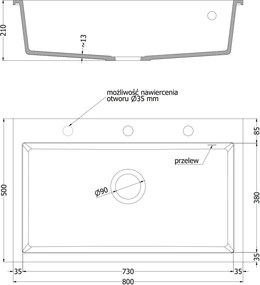Mexen Elix granieten spoelbak 1-komerig 800 x 500 mm, beige, gouden sifon - 6527801005-69-G