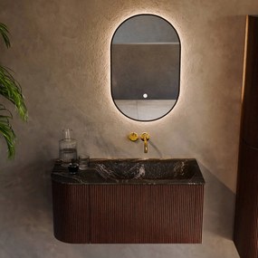 Mondiaz Kurve-dlux 95cm badmeubel ronding links ruby met 1 lade en deur en wastafel big small rechts zonder kraangat lava