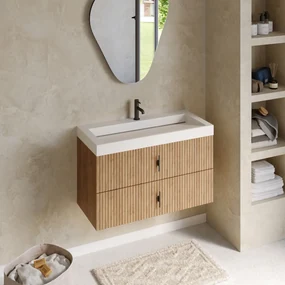 Muebles Estella badmeubel ribbelfront 100cm warm eiken met solid surface wastafel met kraangat