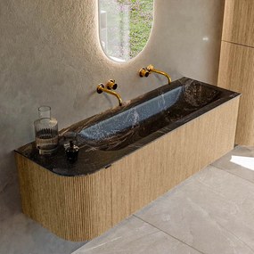 Mondiaz Kurve-dlux 145cm badmeubel ronding links oak met 1 lade en deur en wastafel big large rechts zonder kraangat lava