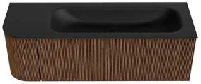 Mondiaz Kurve 135cm badmeubel ronding links walnut met 1 lade en deur en wastafel big medium kraangat rechts urban