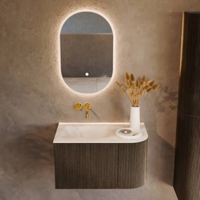 Mondiaz Kurve-dlux 75cm badmeubel ronding rechts shadow met 1 lade en deur en wastafel grunne links zonder kraangat ostra