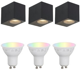 Buitenlamp Set van 3 smart wandlampen zwart GU10 50mm IP44 - Baleno Modern GU10 IP44 Buitenverlichting vierkant