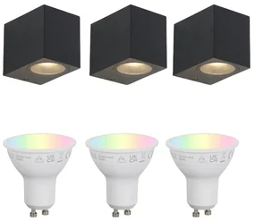 Buitenlamp Set van 3 smart wandlampen zwart GU10 50mm IP44 - Baleno Modern GU10 IP44 Buitenverlichting vierkant