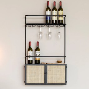 Muur Wijnrek Zwart Met Rotan - 60x18x100cm.