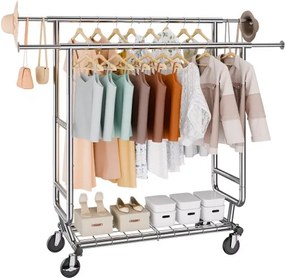 VEVOR Kledingrek op wielen met 2 kledingstangen, verstelbaar 1282-1914 mm / 1443-1867 mm (L/H), vrijstaand stalen kledingrek, draagvermogen 59 + 136 kg, extra sterk zilver