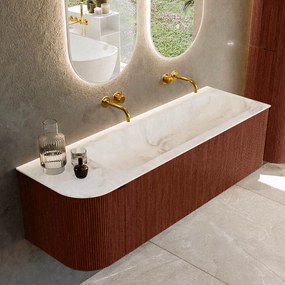 Mondiaz Kurve-dlux 145cm badmeubel ronding links ruby met 1 lade en deur en wastafel big large rechts zonder kraangat frappe