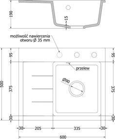 Mexen Ben granit gootsteen 1-kommer met afdruiprek, rechts 600 x 500 mm, beige, gouden sifon - 6523605000-69-G
