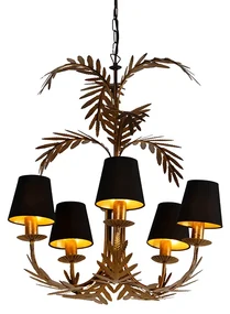 Kroonluchter goud met katoenen klemkap zwart 5-lichts - Botanica Landelijk E14 Binnenverlichting Lamp