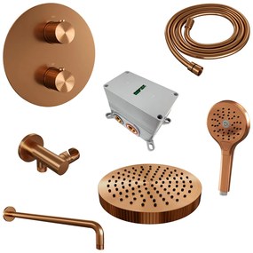 Brauer Stripe inbouw regendouche rond met 25cm hoofddouche, gebogen muurarm en 3 standen handdouche set 41 koper geborsteld PVD