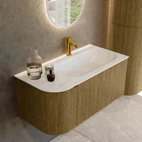 Mondiaz Kurve-dlux 95cm badmeubel ronding links dusk met 1 lade en deur en wastafel big small kraangat rechts opalo