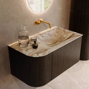 Mondiaz Kurve-dlux 85cm badmeubel ronding links shadow met 1 lade en deur en wastafel cloud rechts zonder kraangat glace