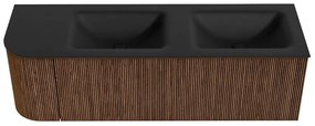Mondiaz Kurve 145cm badmeubel ronding links walnut met 1 lade en deur en wastafel cloud dubbel/rechts 2 kraangaten urban
