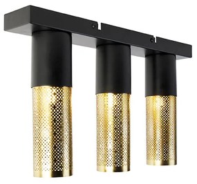 Industriële plafondlamp zwart met goud langwerpig 3-lichts - Raspi