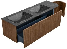 Mondiaz Kurve-dlux 145cm badmeubel ronding rechts walnut met 1 lade en deur en wastafel leaf dubbel/links zonder kraangat lava