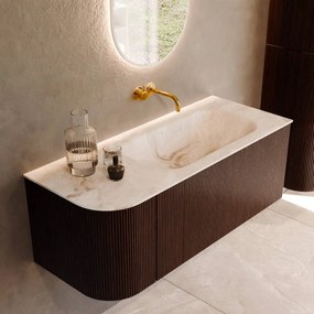 Mondiaz Kurve-dlux 115cm badmeubel ronding links ruby met 1 lade en deur en wastafel big small rechts zonder kraangat frappe