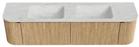 Mondiaz Kurve-dlux 180cm badmeubel ronding links/rechts oak met 2 lades en deuren en wastafel leaf dubbel 2 kraangaten opalo