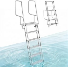 VEVOR opvouwbare aanlegsteigerladder, bootladder met 6 antislip treden, brede pedalen en leuning, draagvermogen 159 kg, aluminiumlegering zwembadladder, toegangsladder voor aanlegsteigers, zwembaden, meren, jachten, zilver