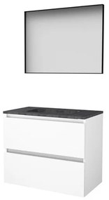 Basic-Line Framed 46 badkamermeubelset - 80x46cm - greeploos - 2 lades - hardsteen wastafel - 0 kraangaten - Spiegel - mat zwart aluminium frame - rondom - MDF lak Ice White 1813126