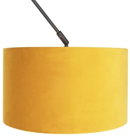 Stoffen Hanglamp zwart met velours kap oker met goud 35 cm - Blitz Landelijk / Rustiek E27 cilinder / rond rond Binnenverlichting Lamp