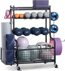 VEVOR Home Gym Opbergrek Opbergstandaard Yoga Mat Houder van Staal, Yoga Mat Gewichthefrek met Wielen en Haken, Halter Gewichthefrek voor Thuis Fitnessapparatuur