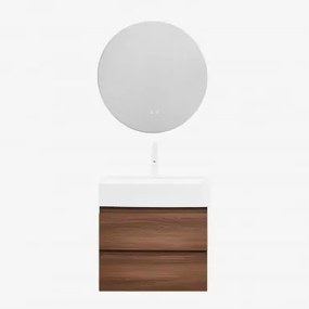 Badkamermeubelset Van Hout En Essenhoutfineer Met Geïntegreerde Wastafel Ona Donker Hout & Round Led And Antifog Ø70 Cm Solyn & - Sklum