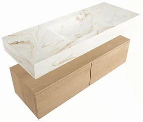 Mondiaz Alan DLux badmeubel 120cm washed oak 2 lades met wastafel frappe midden 1 kraangat