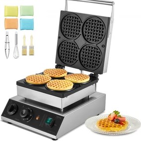 VEVOR Commerciële Wafelijzer Wafelmachine 1750W Antiaanbak RVS Belgisch Wafelijzer met Temperatuur- en Tijdsregeling, voor Restaurant Bakkerij Snackbar 4 Ronde Wafels