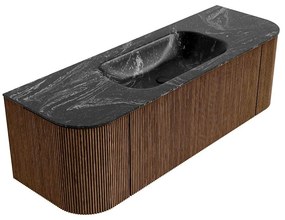 Mondiaz Kurve-dlux 140cm badmeubel ronding links/rechts walnut met 1 lade en 2 deuren en wastafel big small midden zonder kraangat lava