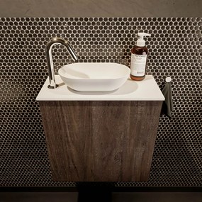 Mondiaz Fowy toiletmeubel 50cm dark brown met witte waskom links en kraangat