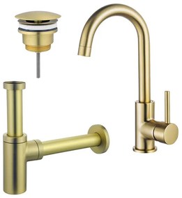 Fortifura Calvi Wastafelkraanset - hoge wastafelkraan - draaibare uitloop - always open plug - design sifon - Geborsteld Messing PVD (Goud) SW809349/SW696208/SW696213