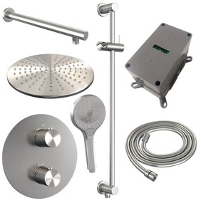 Brauer Brushed Carving thermostatische inbouw regendouche met 3 standen handdouche, rechte muurarm, glijstang en hoofddouche 30cm set 92 RVS geborsteld PVD