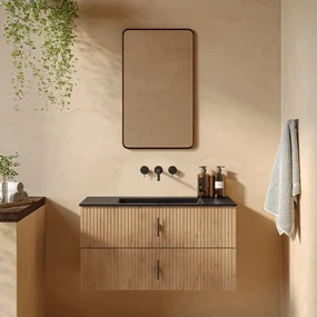 Muebles Marbella badmeubel ribbelfront 100cm warm eiken met zwarte wastafel zonder kraangat