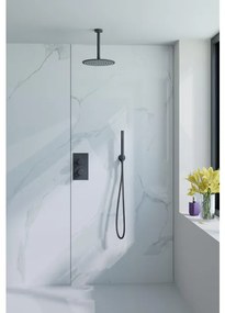 Fortifura Calvi Inbouw Regendoucheset - thermostatisch - plafondarm - 25cm hoofddouche - staaf handdouche - metalen doucheslang - geborsteld Gunmetal PVD SW720556/SW720558/SW706207/SW721170/SW766536/SW766