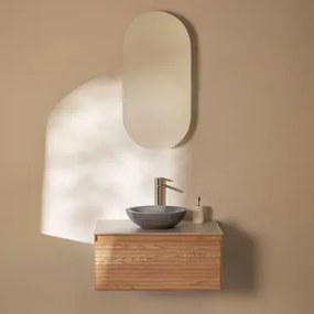 Tedrik Zwevend Badkamermeubelset Van Essenhout Ash Brown & Rond Grijs Cement Ø40 Cm Tarsis & Ovaal Met Opbergruimte 45x90 Cm Abner & Geborsteld -