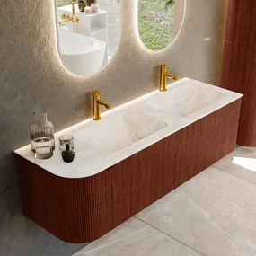Mondiaz Kurve-dlux 145cm badmeubel ronding links ruby met 1 lade en deur en wastafel leaf dubbel/rechts 2 kraangaten frappe