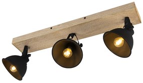 Stoere Spot / Opbouwspot / Plafondspot zwart met hout 3-lichts - Fors Landelijk / Rustiek E14 rond Binnenverlichting Lamp